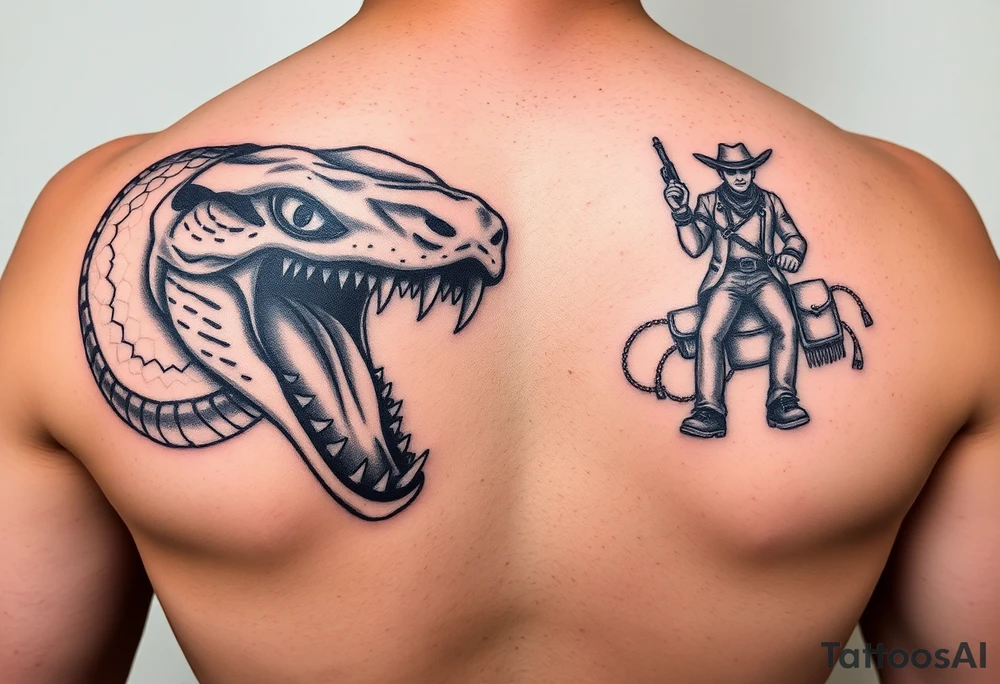 A snake with alien eyes full mouth of teeth and a guy with a saddle riding tattoo idea