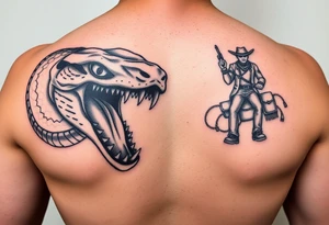 A snake with alien eyes full mouth of teeth and a guy with a saddle riding tattoo idea