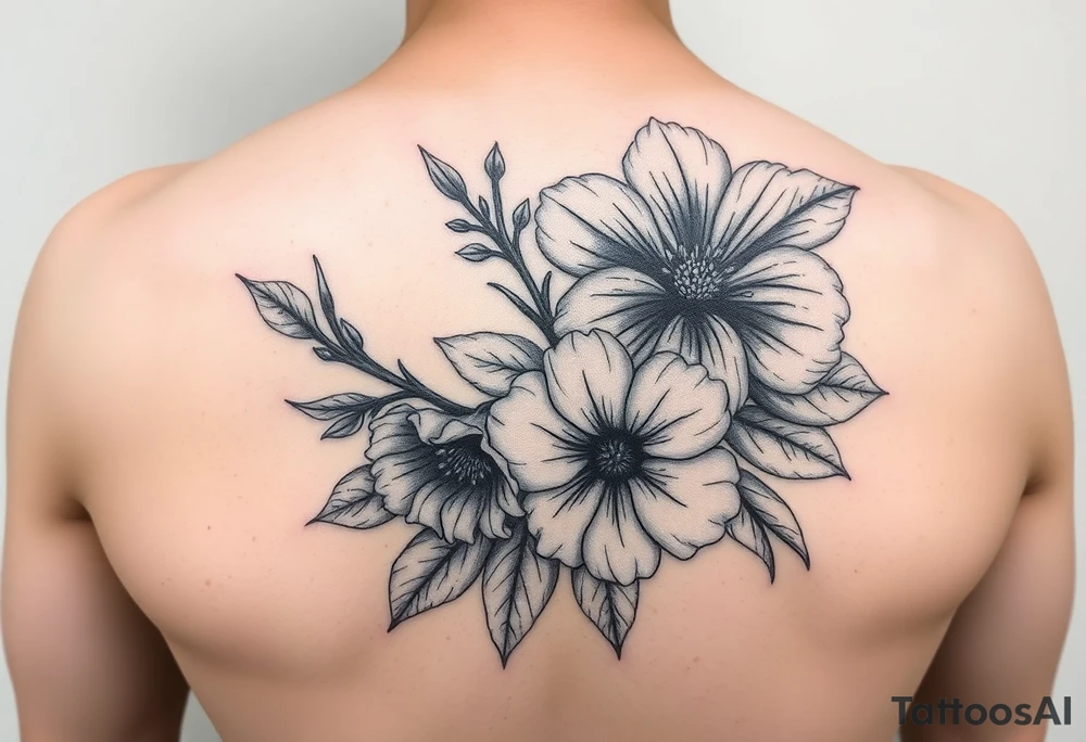 Flower tattoo with violets and chrysanthemum tattoo idea