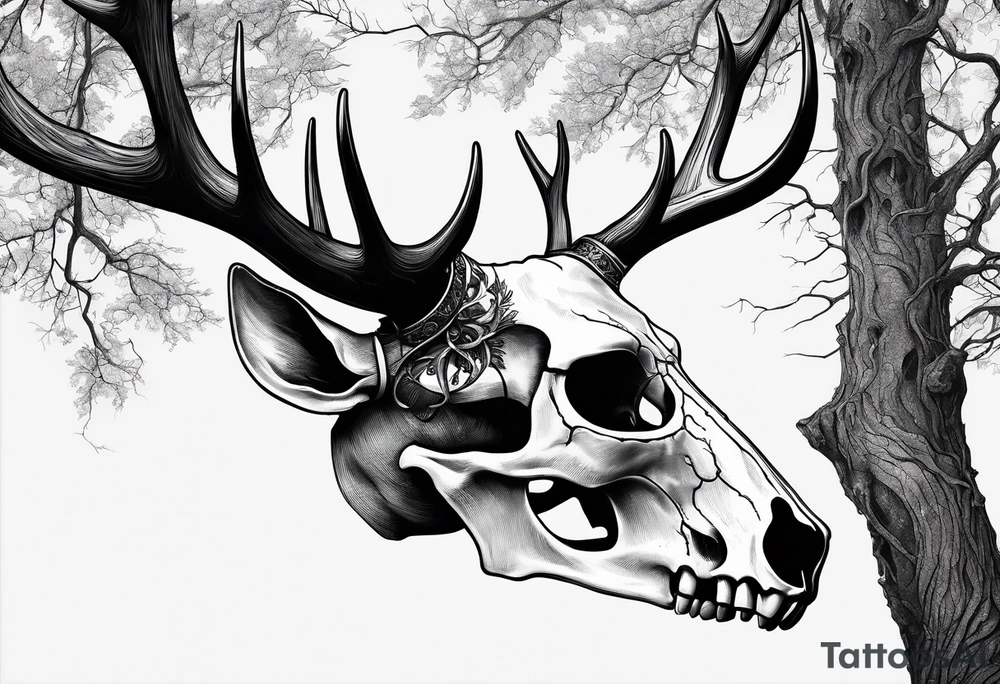 A side view of a decayed deer skull with no skin JUST BONE surrounded by trees and fire tattoo idea