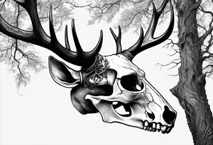 A side view of a decayed deer skull with no skin JUST BONE surrounded by trees and fire tattoo idea