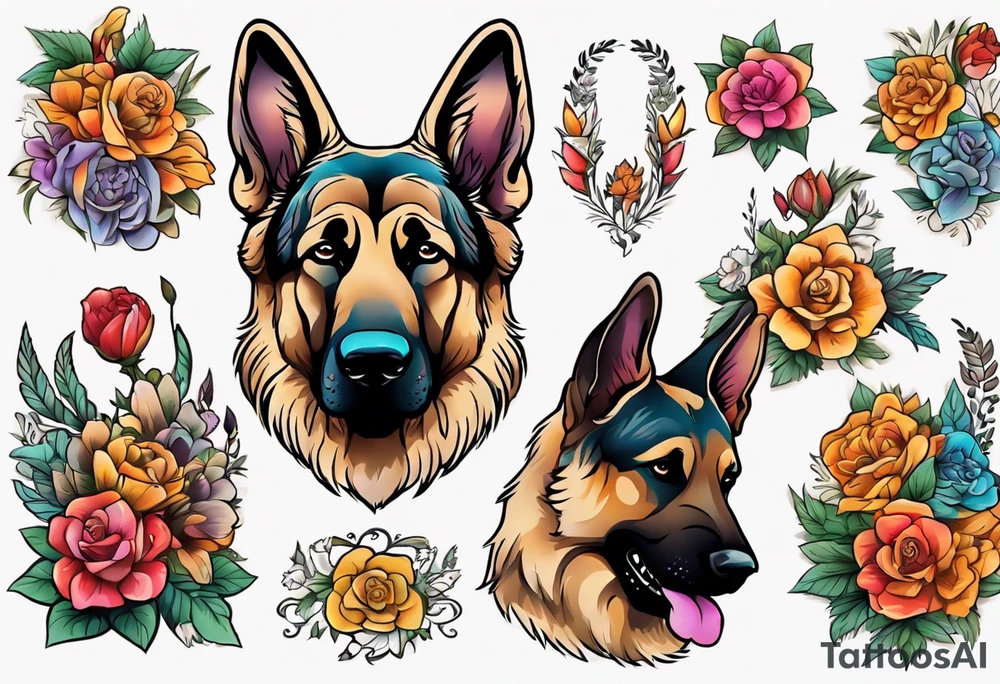 Sable haired German shepherd portrait brightly colored with flowers tattoo idea