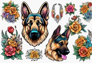 Sable haired German shepherd portrait brightly colored with flowers tattoo idea