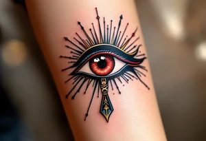 A crimson eye of Horus with black shading and golden rays extending outward. tattoo idea