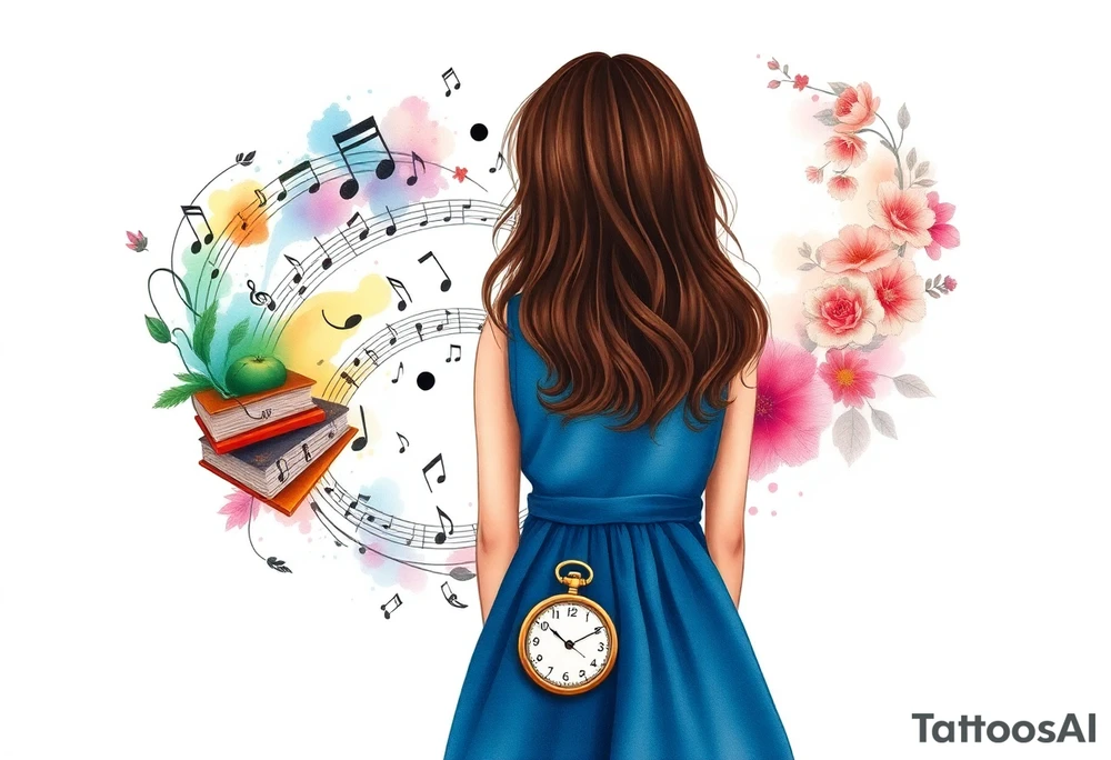 Back view of the silhouette of a brown hair girl in a blue dress. She is following a colorful swirl with music notes, books, and flowers. A pocket watch is at the end of the swirl. tattoo idea