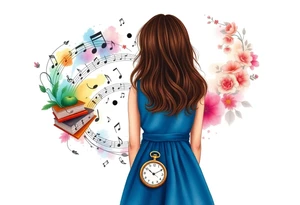 Back view of the silhouette of a brown hair girl in a blue dress. She is following a colorful swirl with music notes, books, and flowers. A pocket watch is at the end of the swirl. tattoo idea