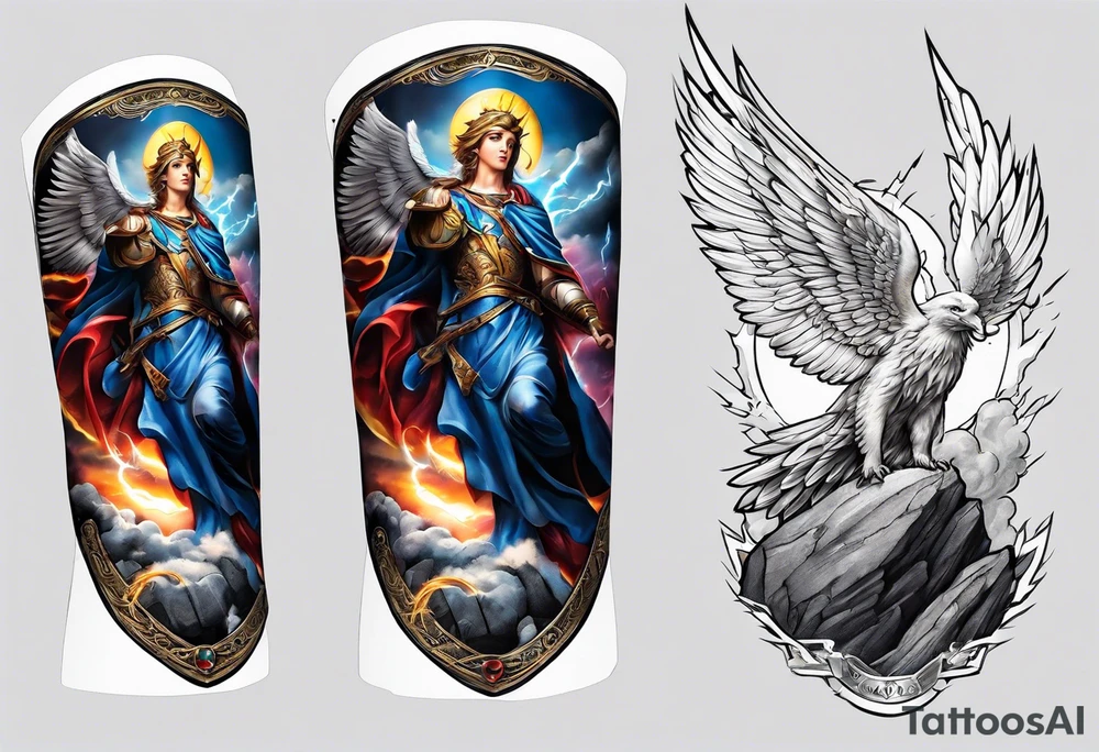 forearm sleeve of michael the archangel with clouds and lightning standing on rocks tattoo idea