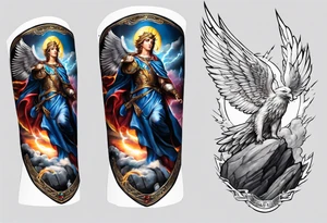 forearm sleeve of michael the archangel with clouds and lightning standing on rocks tattoo idea