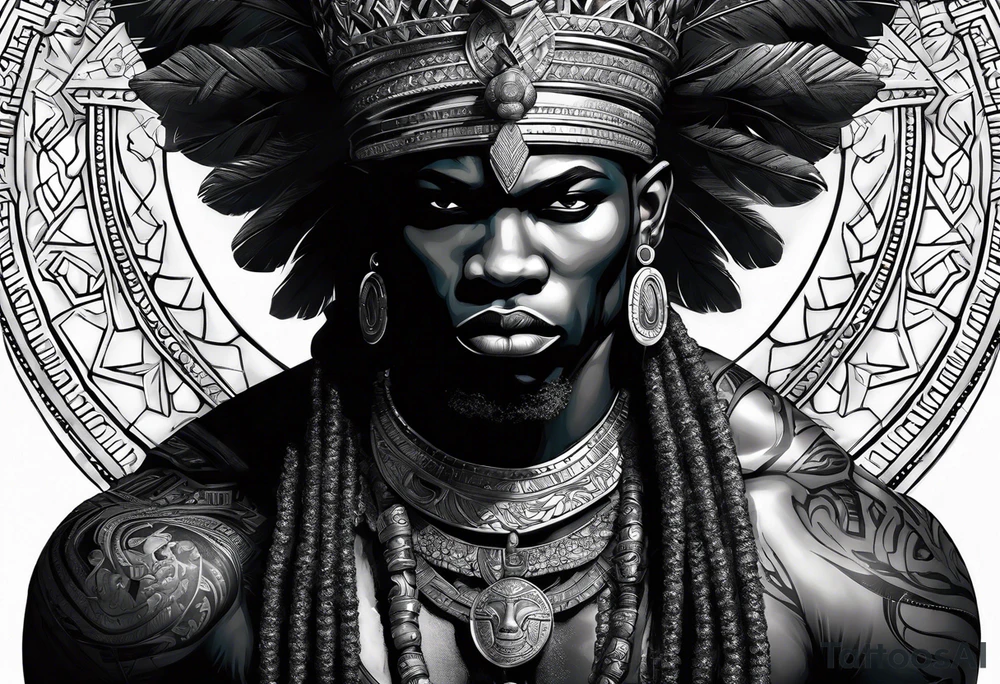 An african god, a warrior, that uses a sword and a silver crown. He also uses blue and red necklaces tattoo idea