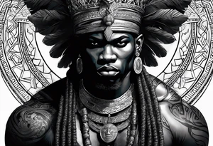 An african god, a warrior, that uses a sword and a silver crown. He also uses blue and red necklaces tattoo idea