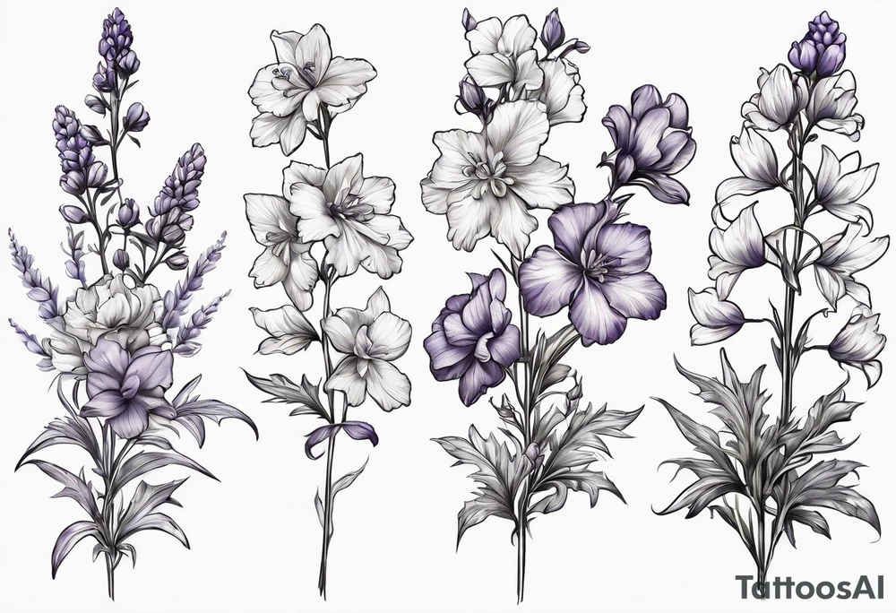 larkspur with stem, carnation with stem, violet, with stem, daisy with stem and tied together with a bow tattoo idea
