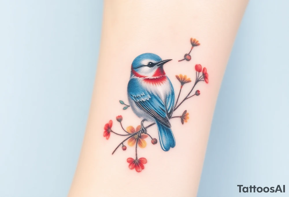 Puffy bluebird surrounded by wild flowers tattoo idea