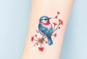 Puffy bluebird surrounded by wild flowers tattoo idea