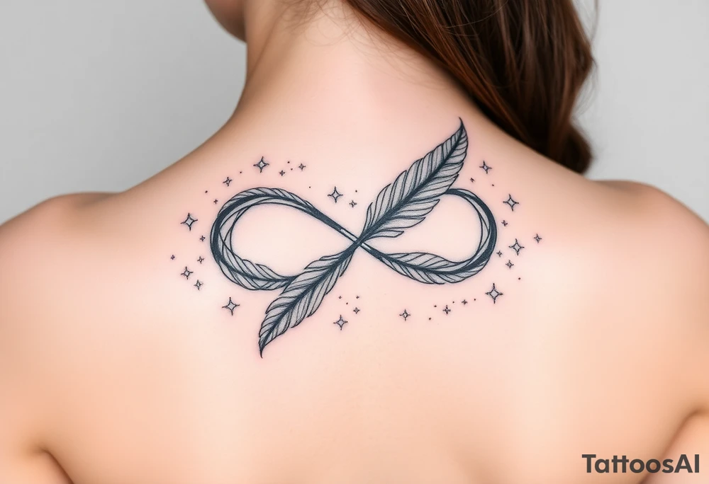 infinity symbol woven with floating feathers and stardust tattoo idea