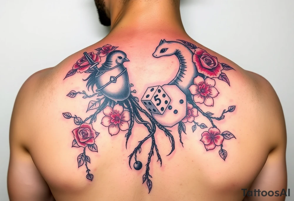 knight and squid intertwined with climbing roses and tree roots with cherry blossoms rolling dice tattoo idea