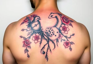 knight and squid intertwined with climbing roses and tree roots with cherry blossoms rolling dice tattoo idea
