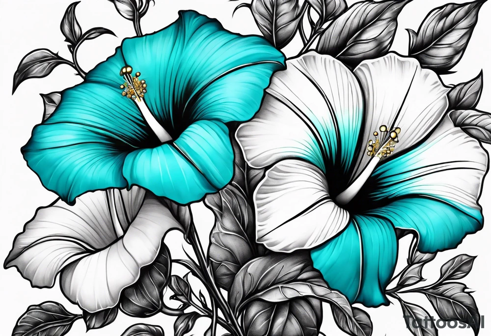 Morning Glory with turquoise jewels tattoo idea