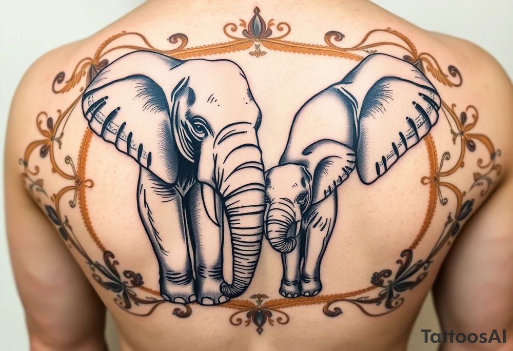 couple of elphants, a mother and a child
 facing foward tangling their trunks
sorrounded by a golden  art frame with beautiful design tattoo idea