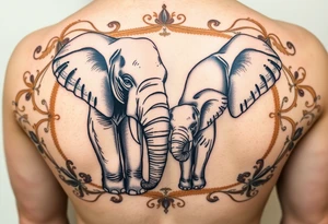couple of elphants, a mother and a child
 facing foward tangling their trunks
sorrounded by a golden  art frame with beautiful design tattoo idea