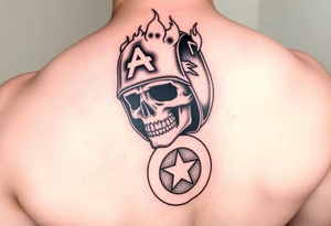 The RATM's "Evil Empire" album cover, but the kid's face is actually a skull on fire and the "e" on his costume is replaced by Captain America's shield. tattoo idea