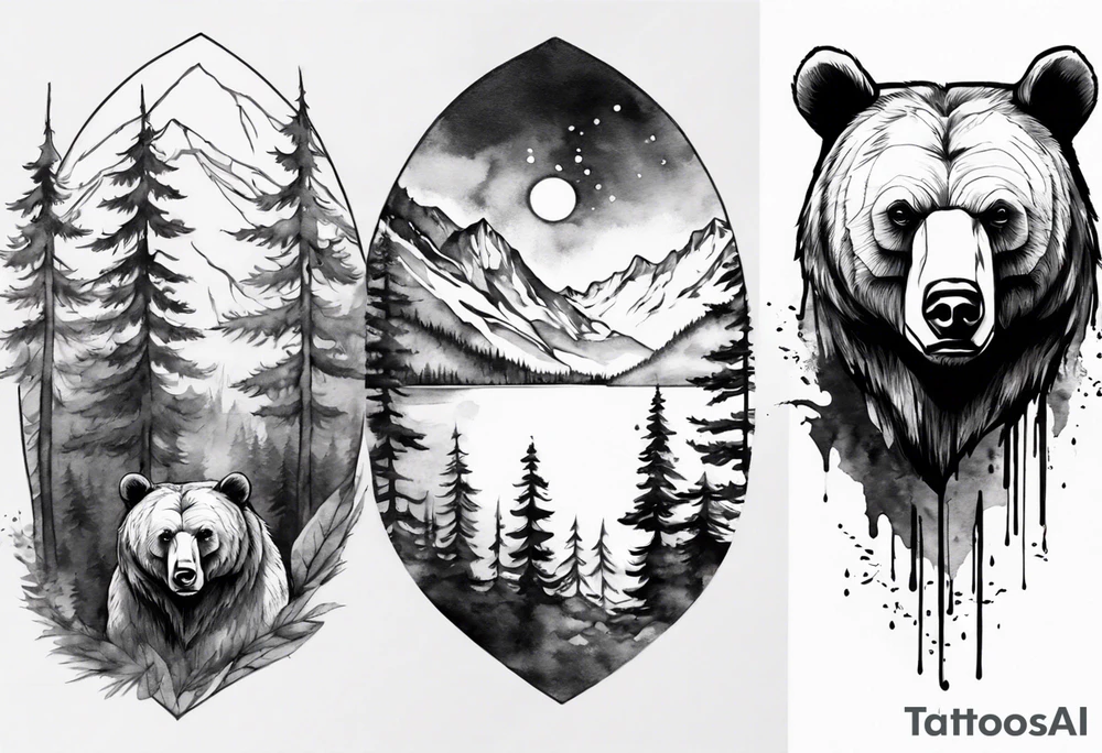 bear head right above the forest line with a lake below, full arm sleeve tattoo tattoo idea