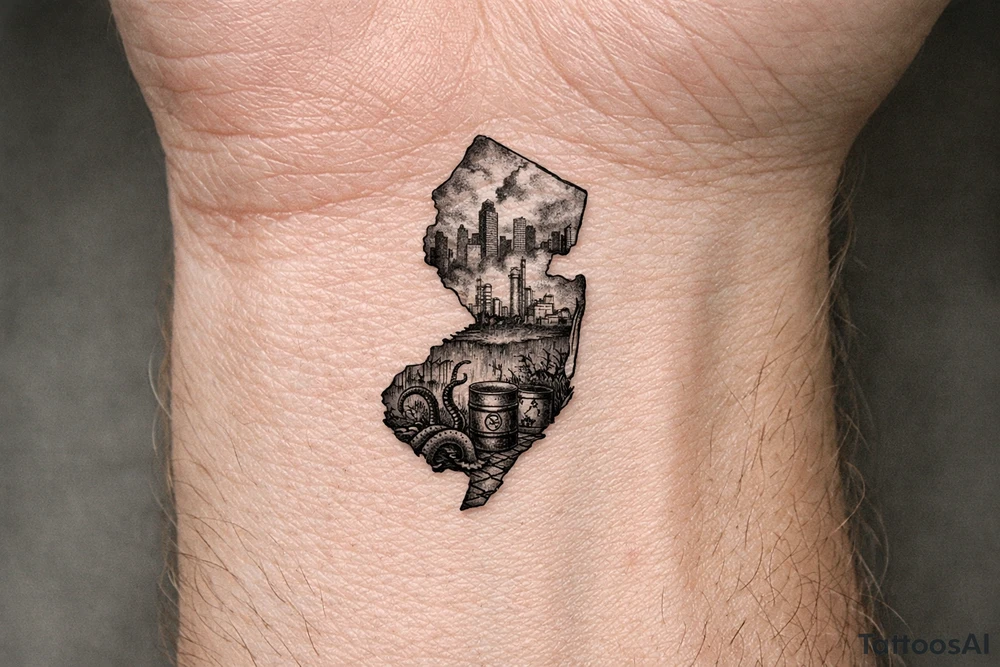 Outline of the shape of New Jersey with a dirty city skyline in the north fading in smog filled refineries in the northern part of central Jersey going into a toxic waste forest with a few tentacles and hazardous waste barrels tattoo idea