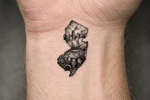 Outline of the shape of New Jersey with a dirty city skyline in the north fading in smog filled refineries in the northern part of central Jersey going into a toxic waste forest with a few tentacles and hazardous waste barrels tattoo idea