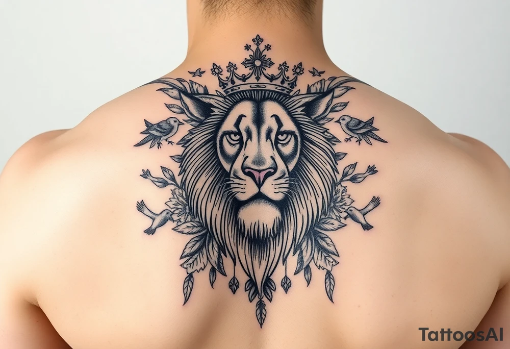 powerful majestic lion with a crown, surrounded by floral ornaments and birds tattoo idea