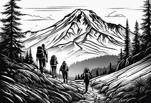 A man  with his family hiking through the mountian Rainer . Add Mexican frame tattoo idea