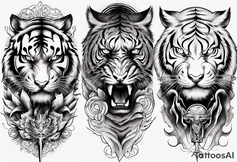 Tiger Warrior sleeve tattoo with lightning and the sun
Forearm sleeve tattoo idea