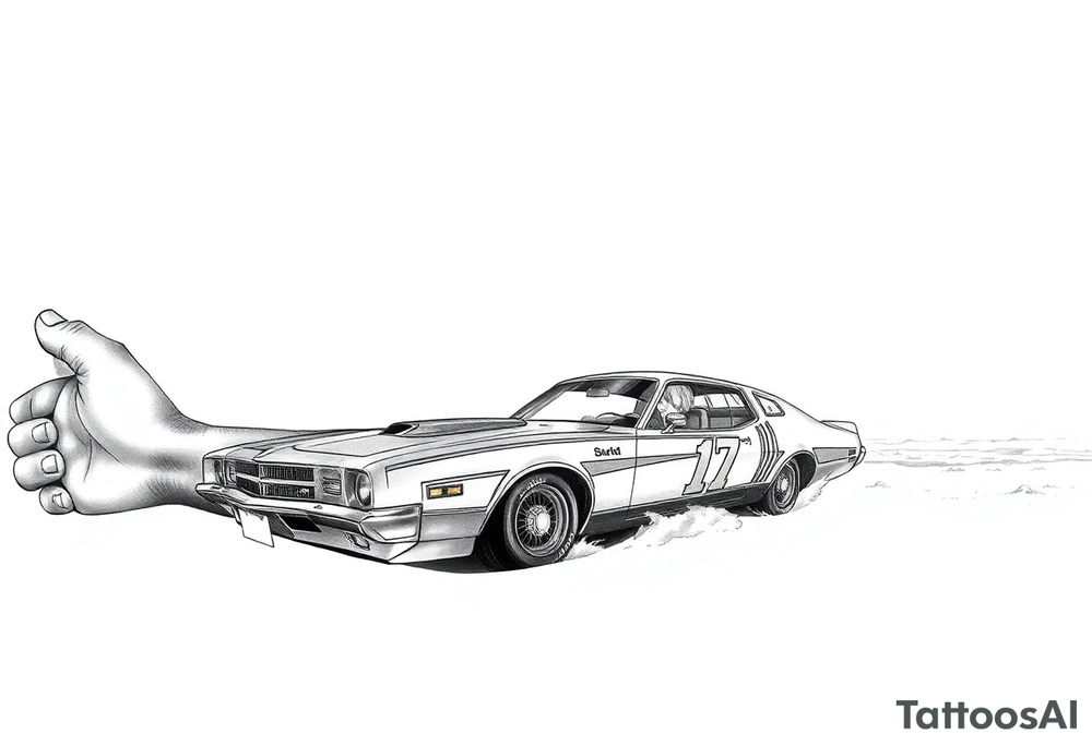 I want arm sleeve that starts with a beach with dale Earnhardt car on the beach with a hot blonde 80’s girl with big hair on the hood. Then an ocean with big waves then a big dark sky with the Milky Way in it and Jimi Hendrix Stratocaster in the sky tattoo idea