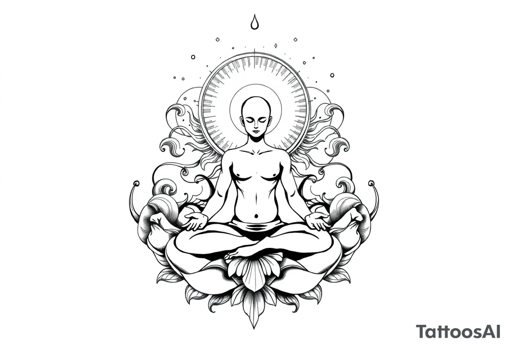 a figure sitting in lotus position meditating based on the lyrics “doing time in the universal mind” by the doors - with a psychedelic trippy background as the meditation expands out from his head into the universe / cosmos tattoo idea