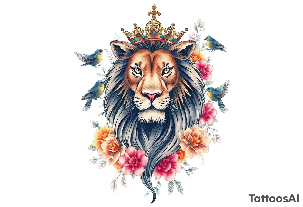 powerful majestic lion with a crown, surrounded by floral ornaments and birds tattoo idea