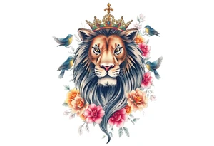 powerful majestic lion with a crown, surrounded by floral ornaments and birds tattoo idea