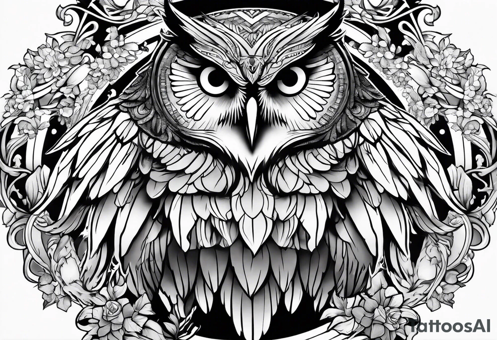 Sleeve with an owl with angel wings tattoo idea
