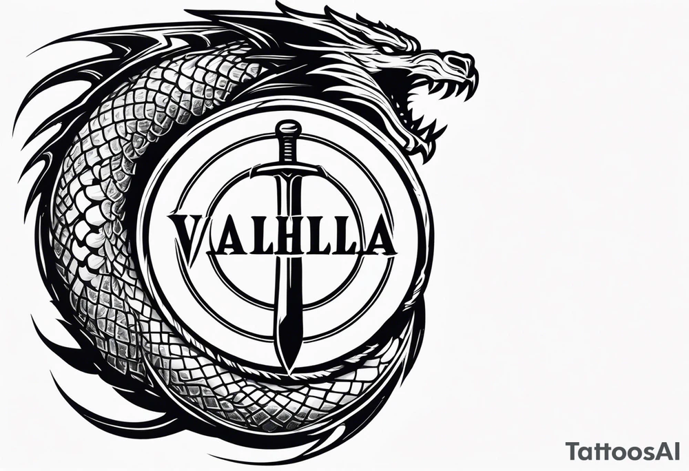 Valhalla sword shield dragon axe valkyrie tattoo idea