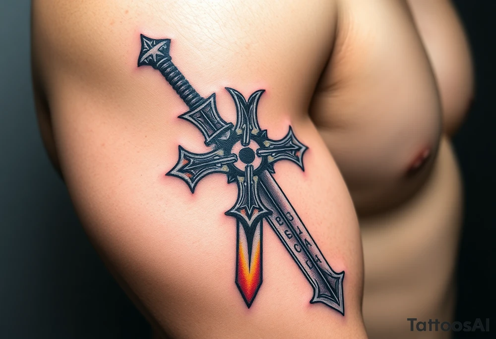 A battle-worn Templar cross fused into a medieval sword, with glowing runes along the blade tattoo idea