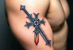 A battle-worn Templar cross fused into a medieval sword, with glowing runes along the blade tattoo idea