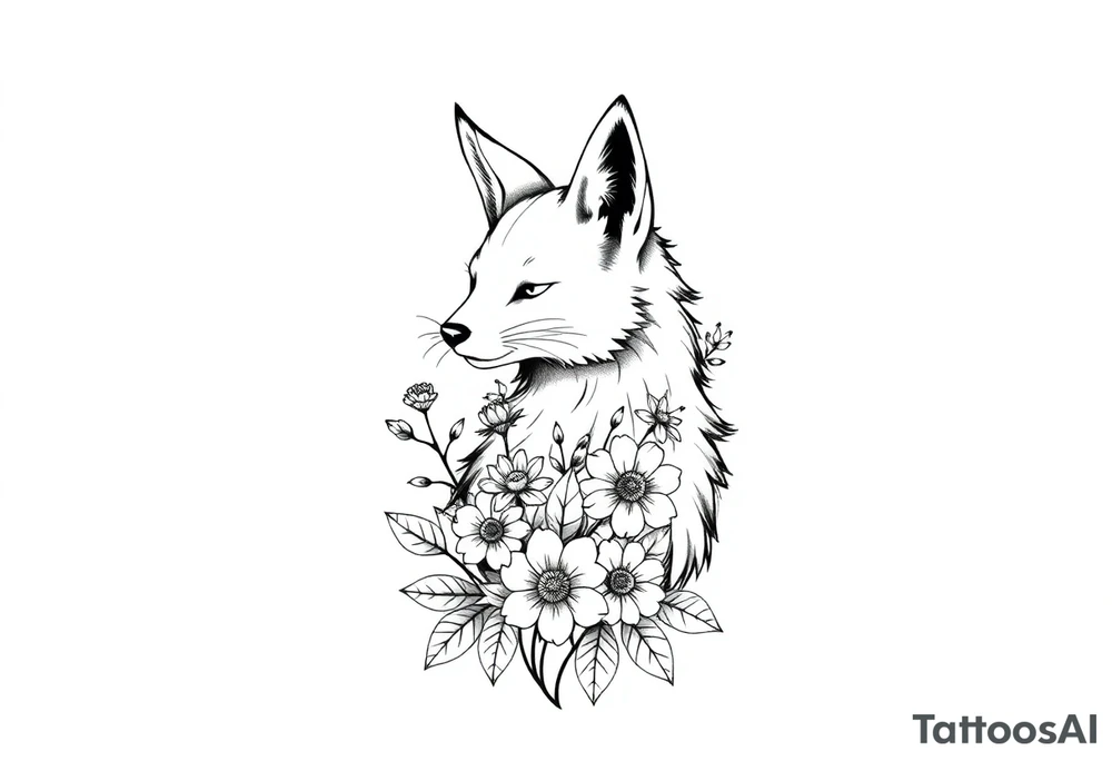 pCREATE A FURRY TATTOO DESIGN FURSONA ANTROPOMORPHIC IMAGE FOR ANTIFACIST LIBERAL WITH FLOWERS AND PLANTS GROWING FROM THE FURSONA tattoo idea