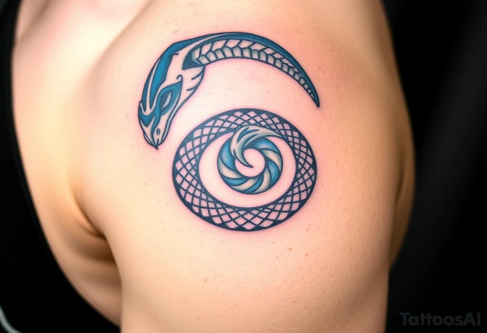 A blue and silver Ouroboros snake forming cyrcle, with cosmic patterns resembling a swirling galaxy within its body. tattoo idea