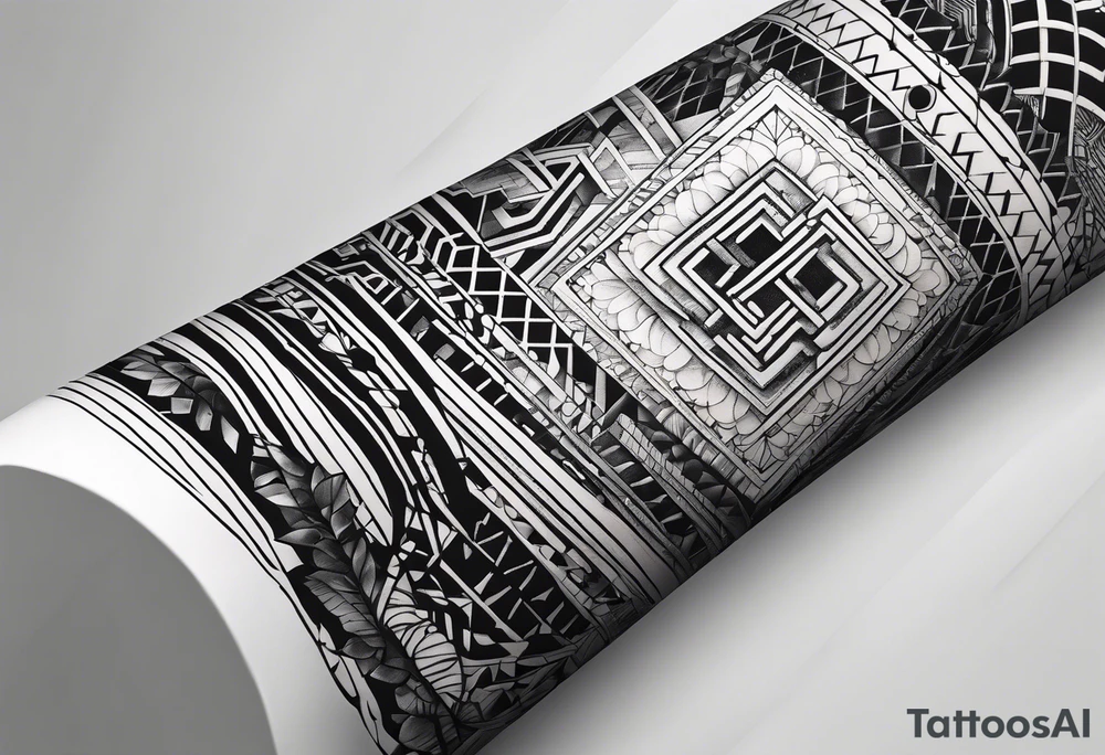 A forearm tattoo about electronic music mixed with the water of the ocean, focus on geometric patterns, abstract tattoo idea