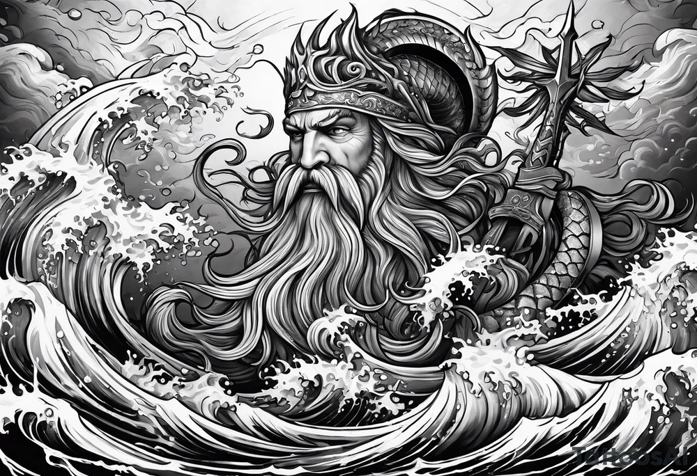 Kraken wrapping Poseidon thrusting trident stormy sea tattoo idea