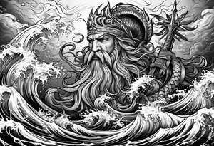 Kraken wrapping Poseidon thrusting trident stormy sea tattoo idea