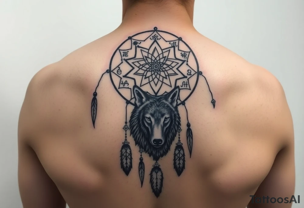 Dreamcatcher with zodiac symbols and protection runes caught in it with wolf tattoo idea