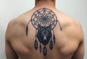 Dreamcatcher with zodiac symbols and protection runes caught in it with wolf tattoo idea