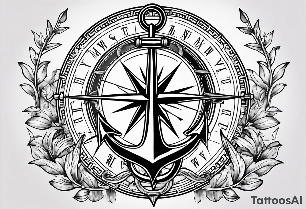 A selucid style anchor in front of a compass with north south east west marked on it and a narrow laurel wreathe wrapped around the compass tattoo idea