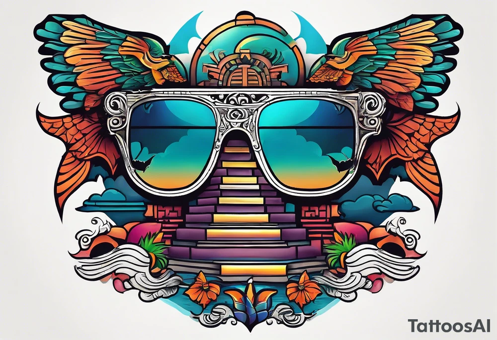Colorful ancient Mayan hieroglyph wearing sunglasses reflecting Chichen itza and bats. Waves. tattoo idea