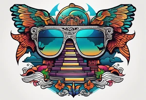 Colorful ancient Mayan hieroglyph wearing sunglasses reflecting Chichen itza and bats. Waves. tattoo idea