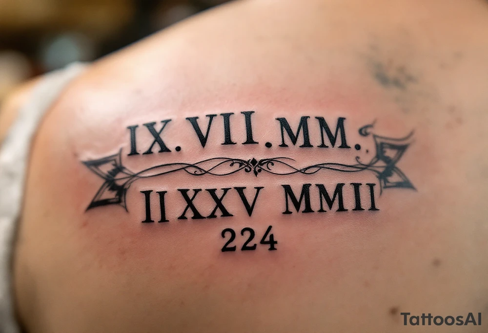 IX.VII.MM. and II.XXV.MMII with a space between them in a balanced and symmetrical layout, along with the number 224 tattoo idea