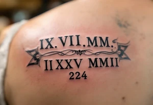 IX.VII.MM. and II.XXV.MMII with a space between them in a balanced and symmetrical layout, along with the number 224 tattoo idea